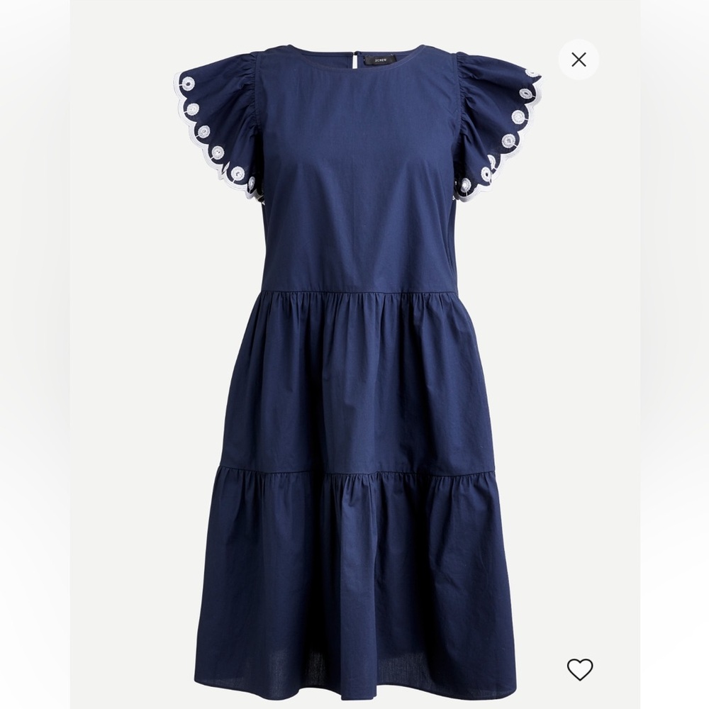 J. Crew Tiered embroidered ruffle sleeve dress in navy with white embroidery